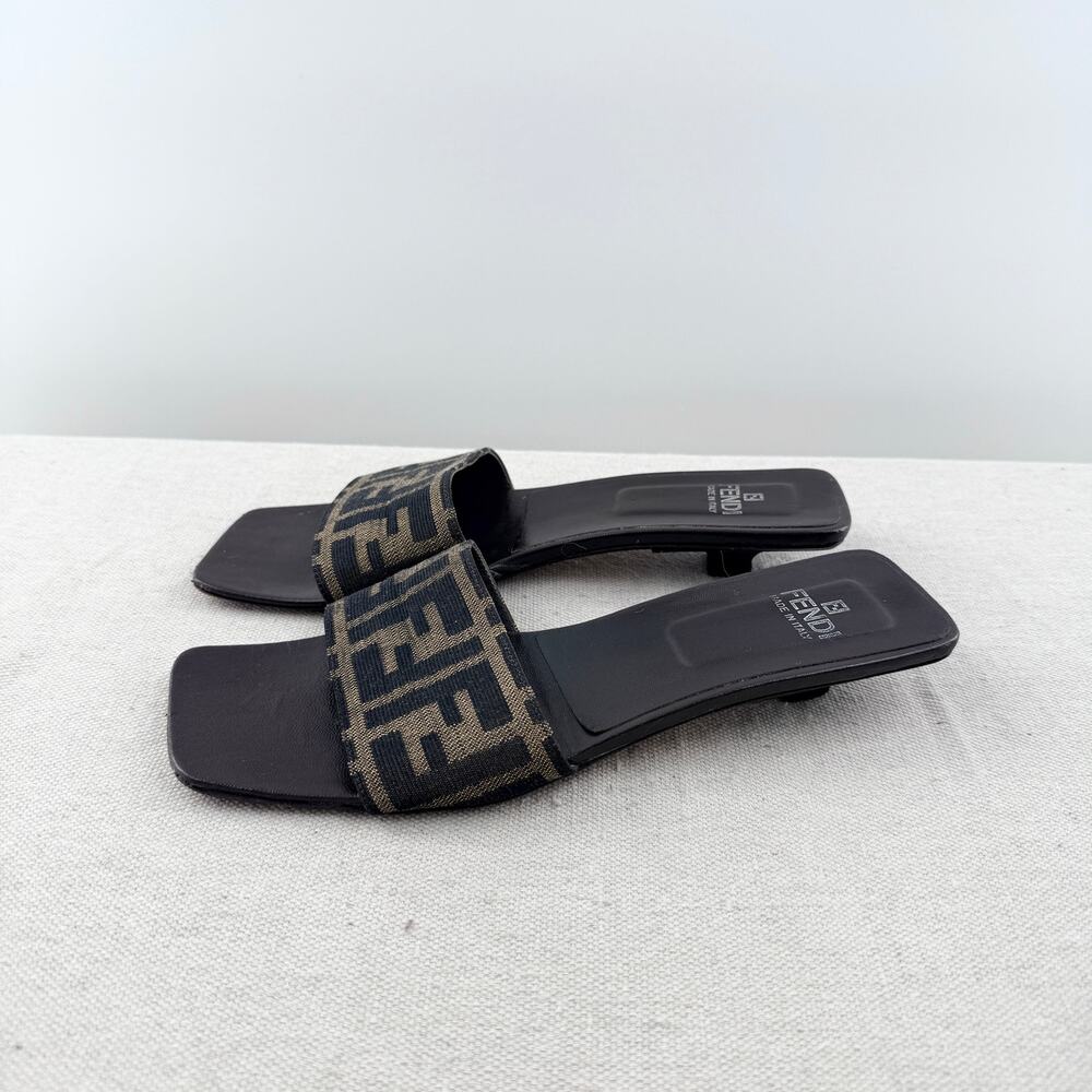 Fendi Zucca Print Logo Canvas Slip On Low Heel Slide Sandals Brown Women's US 7